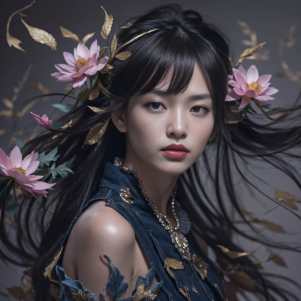 32K(tmasterpiece,k hd,hyper HD,32K)Long flowing black hair,ponds,zydink, a color, Aozhou people (Concubine girl), (Purple silk scarf), Combat posture, looking at the ground, long whitr hair, Floating hair, Carp pattern headdress, Chinese long-sleeved clothing, (Abstract gouache splash:1.2), Pink petal background,Pink and white lotus flowers fly(realisticlying:1.4),Black color hair,Fallen leaves flutter,The background is pure, A high resolution, the detail, RAW photogr, Sharp Re, Nikon D850 Film Stock Photo by Jefferies Lee 4 Kodak Portra 400 Camera F1.6 shots, Rich colors, ultra-realistic vivid textures, Dramatic lighting, Unreal Engine Art Station Trend, cinestir 800,Long flowing black hair,Denim skirt