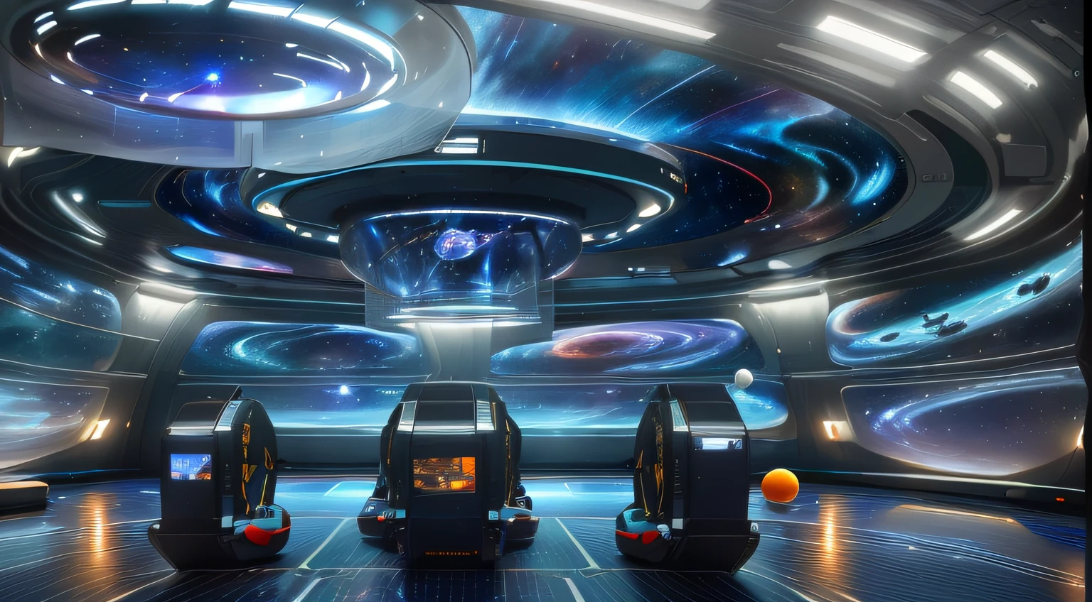 Floating gym in outer space. Transparent walls provide panoramic views of stars and planets in motion. The training equipment is designed to operate in zero gravity, Allows you to do acrobatics and challenging exercises. ((Masterpiece, 8K, Realistic, Creative, Hyperrealistic, space, Interstellar, galactic, Detailed))