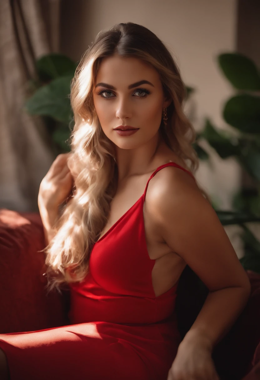 arafed woman in a red lingerie, wearing red outfit, sitting on sofa in romantic pose, transparent red dress, Looking with seductive eyes. Full body portrait image. Wearing Red transparent lingerie, NSFE Pose, blue eyes, portrait sophie mudd, blonde hair and large eyes, super realistic, 4k, selfie of a young woman, violet myers, without makeup, natural makeup, looking directly at the camera with seductive eyes, face with artgram, subtle makeup, stunning full body shot, piercing green eyes, beautiful angle, attractive pose, cute girl, sexy pose, full body picture, full body, full body shoot, brunette goddess, high detail, satisfied pose.