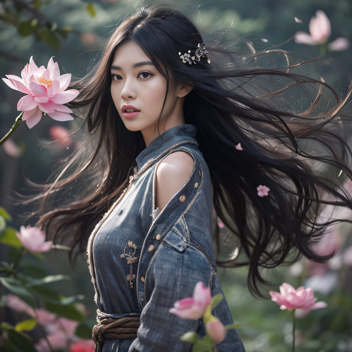 32K(tmasterpiece,k hd,hyper HD,32K)Long flowing black hair,ponds,zydink, a color, Aozhou people (Concubine girl), (Purple silk scarf), Combat posture, looking at the ground, long whitr hair, Floating hair, Carp pattern headdress, Chinese long-sleeved clothing, (Abstract gouache splash:1.2), Pink petal background,Pink and white lotus flowers fly(realisticlying:1.4),Black color hair,Fallen leaves flutter,The background is pure, A high resolution, the detail, RAW photogr, Sharp Re, Nikon D850 Film Stock Photo by Jefferies Lee 4 Kodak Portra 400 Camera F1.6 shots, Rich colors, ultra-realistic vivid textures, Dramatic lighting, Unreal Engine Art Station Trend, cinestir 800,Long flowing black hair,Denim skirt