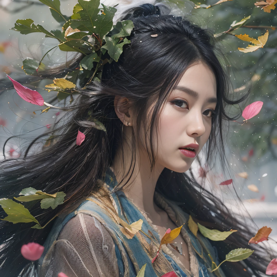 32K（tmasterpiece，k hd，hyper HD，32K）Long flowing black hair，ponds，zydink， a color， Aozhou people （Concubine girl）， （Purple silk scarf）， Combat posture， looking at the ground， long whitr hair， Floating hair， Carp pattern headdress， Chinese long-sleeved clothing， （Abstract gouache splash：1.2）， Pink petal background，Pink and white lotus flowers fly（realisticlying：1.4），Black color hair，Fallen leaves flutter，The background is pure， A high resolution， the detail， RAW photogr， Sharp Re， Nikon D850 Film Stock Photo by Jefferies Lee 4 Kodak Portra 400 Camera F1.6 shots, Rich colors, ultra-realistic vivid textures, Dramatic lighting, Unreal Engine Art Station Trend, cinestir 800，Long flowing black hair，Denim skirt