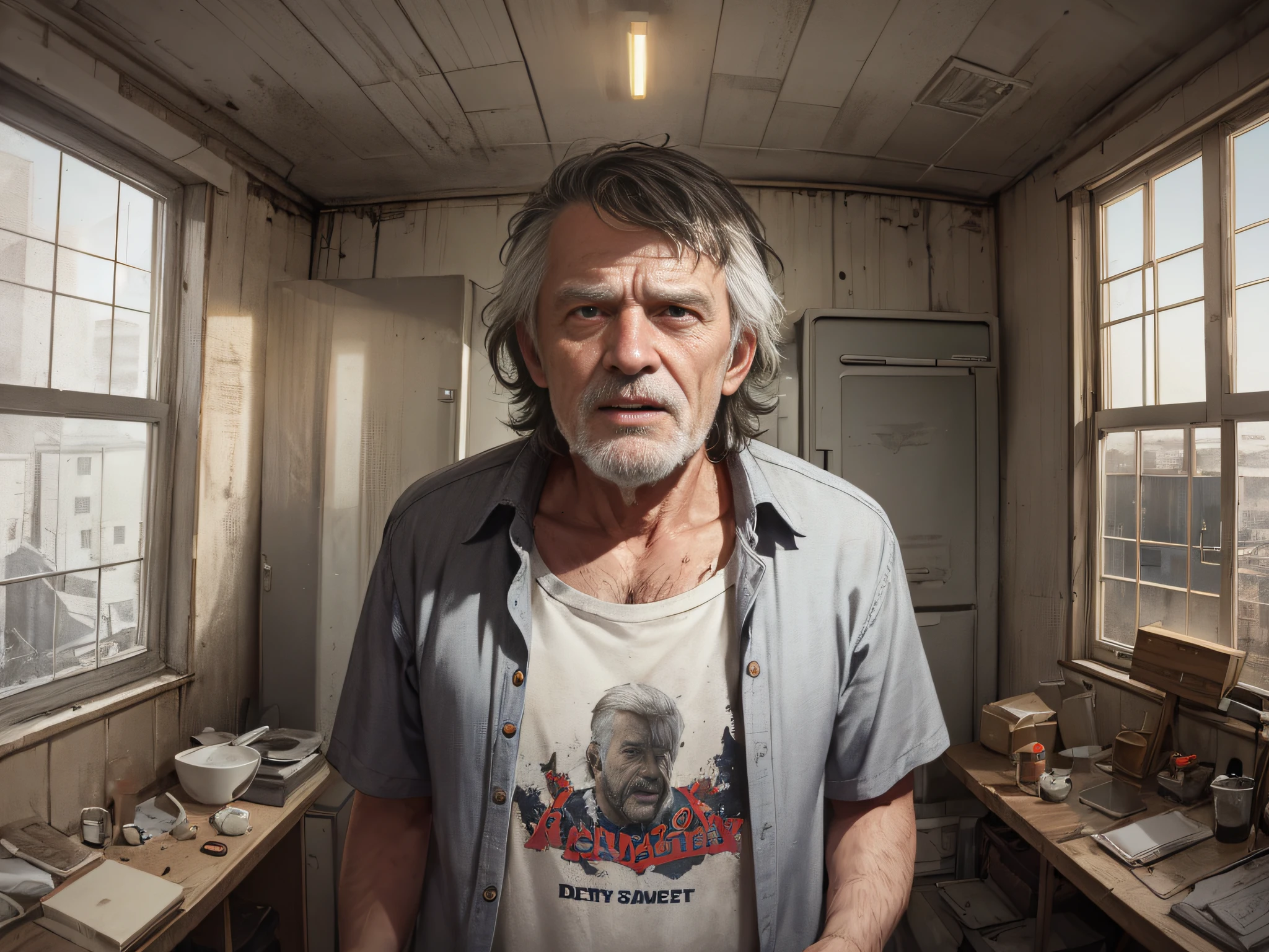 1 old man,Stand up,inside in room,emaciated,worn-out clothing,Dirty,big laughter,eventide((hyper realistic detailed)),Republican style,in a panoramic view,full bodyesbian,globalillumination,Clear facial features,with short black hair,worn-out clothing,scruffy,8K