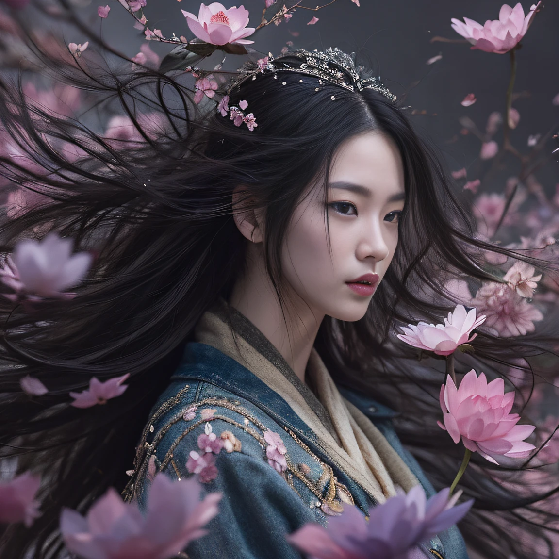 32K（tmasterpiece，k hd，hyper HD，32K）Long flowing black hair，ponds，zydink， a color， Aozhou people （Concubine girl）， （Purple silk scarf）， Combat posture， looking at the ground， long whitr hair， Floating hair， Carp pattern headdress， Chinese long-sleeved clothing， （Abstract gouache splash：1.2）， Pink petal background，Pink and white lotus flowers fly（realisticlying：1.4），Black color hair，Fallen leaves flutter，The background is pure， A high resolution， the detail， RAW photogr， Sharp Re， Nikon D850 Film Stock Photo by Jefferies Lee 4 Kodak Portra 400 Camera F1.6 shots, Rich colors, ultra-realistic vivid textures, Dramatic lighting, Unreal Engine Art Station Trend, cinestir 800，Long flowing black hair，Denim skirt