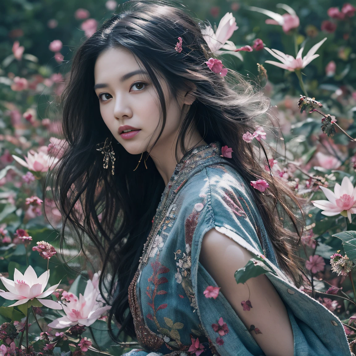 32K（tmasterpiece，k hd，hyper HD，32K）Long flowing black hair，ponds，zydink， a color， Aozhou people （Concubine girl）， （Purple silk scarf）， Combat posture， looking at the ground， long whitr hair， Floating hair， Carp pattern headdress， Chinese long-sleeved clothing， （Abstract gouache splash：1.2）， Pink petal background，Pink and white lotus flowers fly（realisticlying：1.4），Black color hair，Fallen leaves flutter，The background is pure， A high resolution， the detail， RAW photogr， Sharp Re， Nikon D850 Film Stock Photo by Jefferies Lee 4 Kodak Portra 400 Camera F1.6 shots, Rich colors, ultra-realistic vivid textures, Dramatic lighting, Unreal Engine Art Station Trend, cinestir 800，Long flowing black hair，Denim skirt