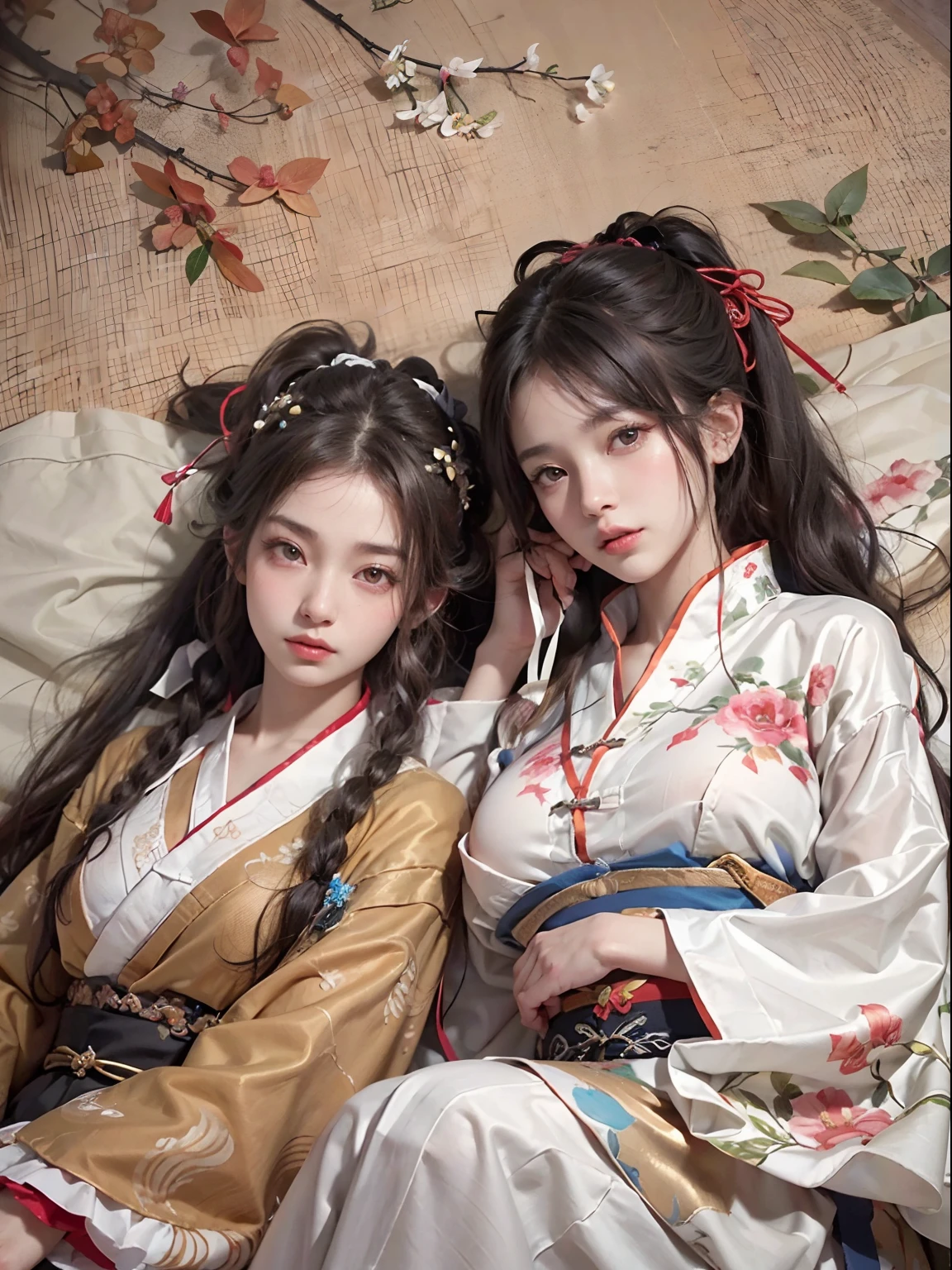 nsfw, 2girls, nude, twin girls, (masterpiece: 1.4), (8K, realistic, raw photo, best quality: 1.4), skirtlift, lying on tatami, nipple areola shape clear, beautiful breasts, Chinese girl, beautiful cute face, (real face: 1.4), perfect pussy, beautiful hairstyle, realistic brown eyes, beautiful detail eyes, (real skin: 1.3), beautiful skin, attractive, ultra high resolution, ultra realistic, cinematic lighting, black colored hair, long hair, twin ponytails, ribbons, ancient China, chinese mythology, after sex