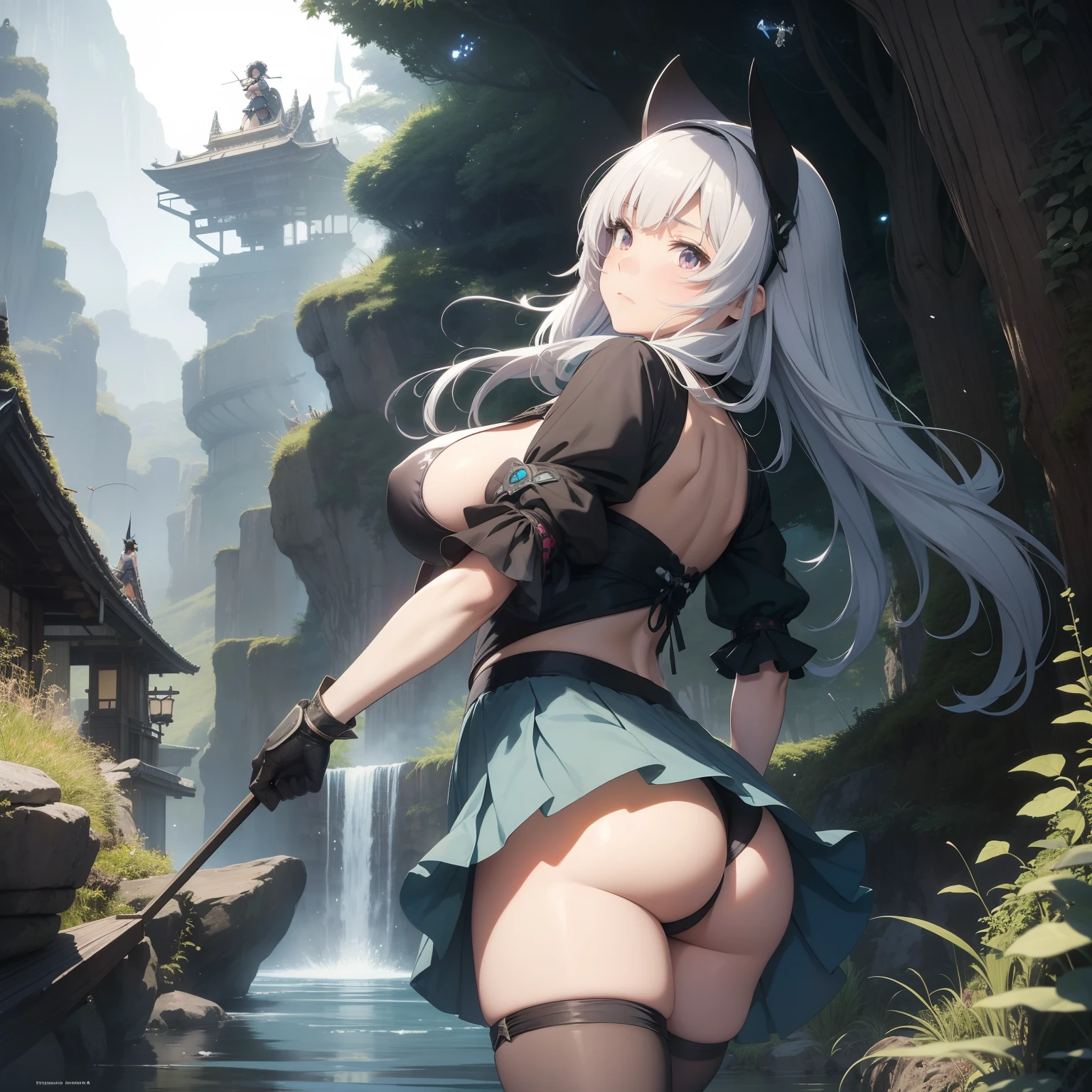 Akihiro Yamada, Arthur Rackham Kate Greenaway, Japanese Anime Surreal Mysterious Bizarre Sci-fi Fantasy Another world beyond the wall Miniskirt high school girl peeking through the peephole Minerals Dwarfs Flying fish Standing walking cat Floating island, hyperdetailed high resolution high definition high quality masterpiece, very huge tits large ass, army pattern tiny bikinis,