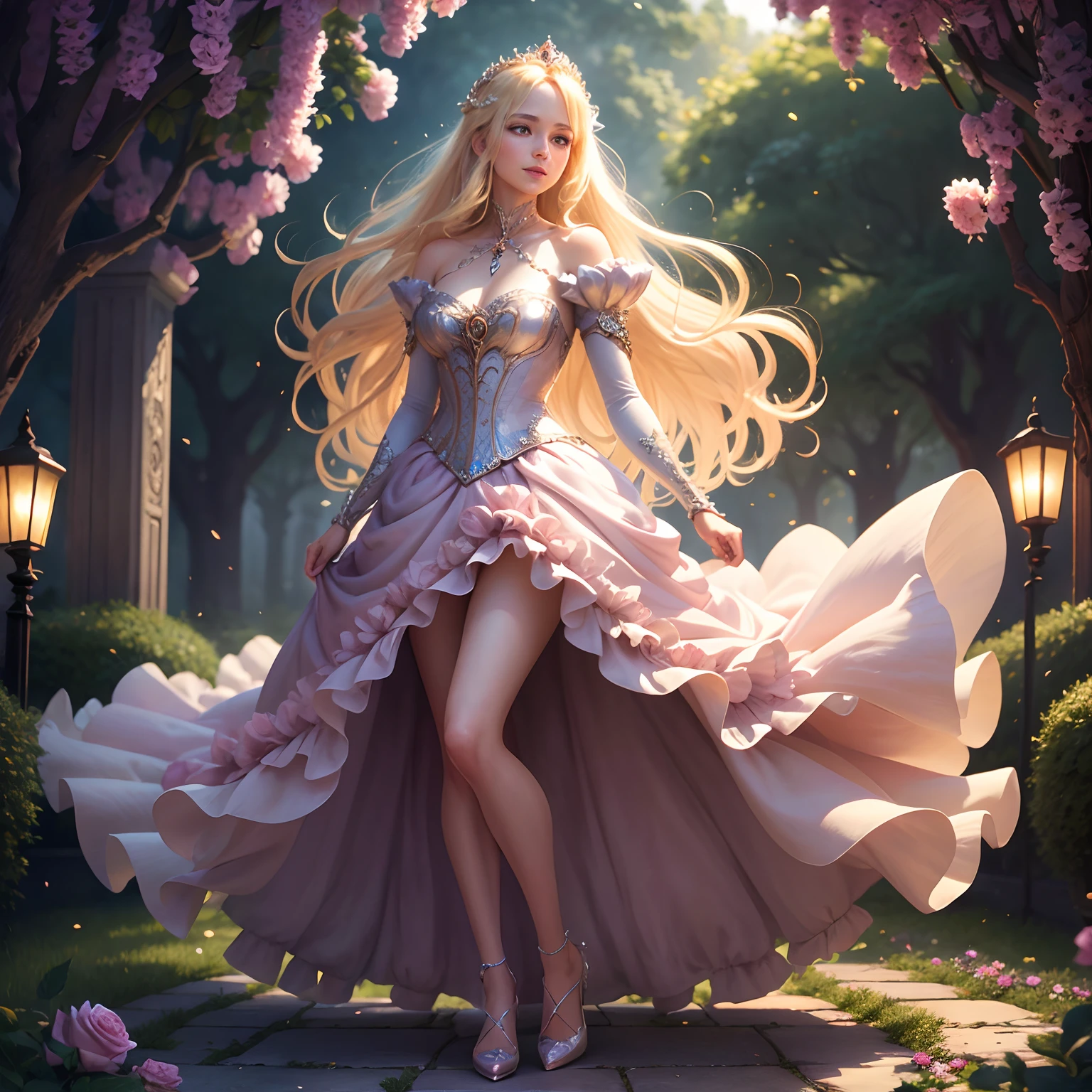 Full body photo princess dressed sexy,delicated face,Blonde hair fluttered in the wind、Princess dress,There is a beautiful crown、Feet in glass shoes and a kind smile、Beautiful garden background、Gentle and transparent,Delicate pattern,Pink rose space, Soft lighting, ( Bokeh),Masterpiece, Super detailed, Epic composition, Highest quality, 8K,Epic romantic fantasy digital art,Epic fairy tale fantasy digital art,Mythological fantasy,UHD resolution,Detailed detail drawing,realisticlying,Very realistic,cinmatic lighting,an award winning photograph,rich colours,hyper realistic lifelike texture,dramatic lighting