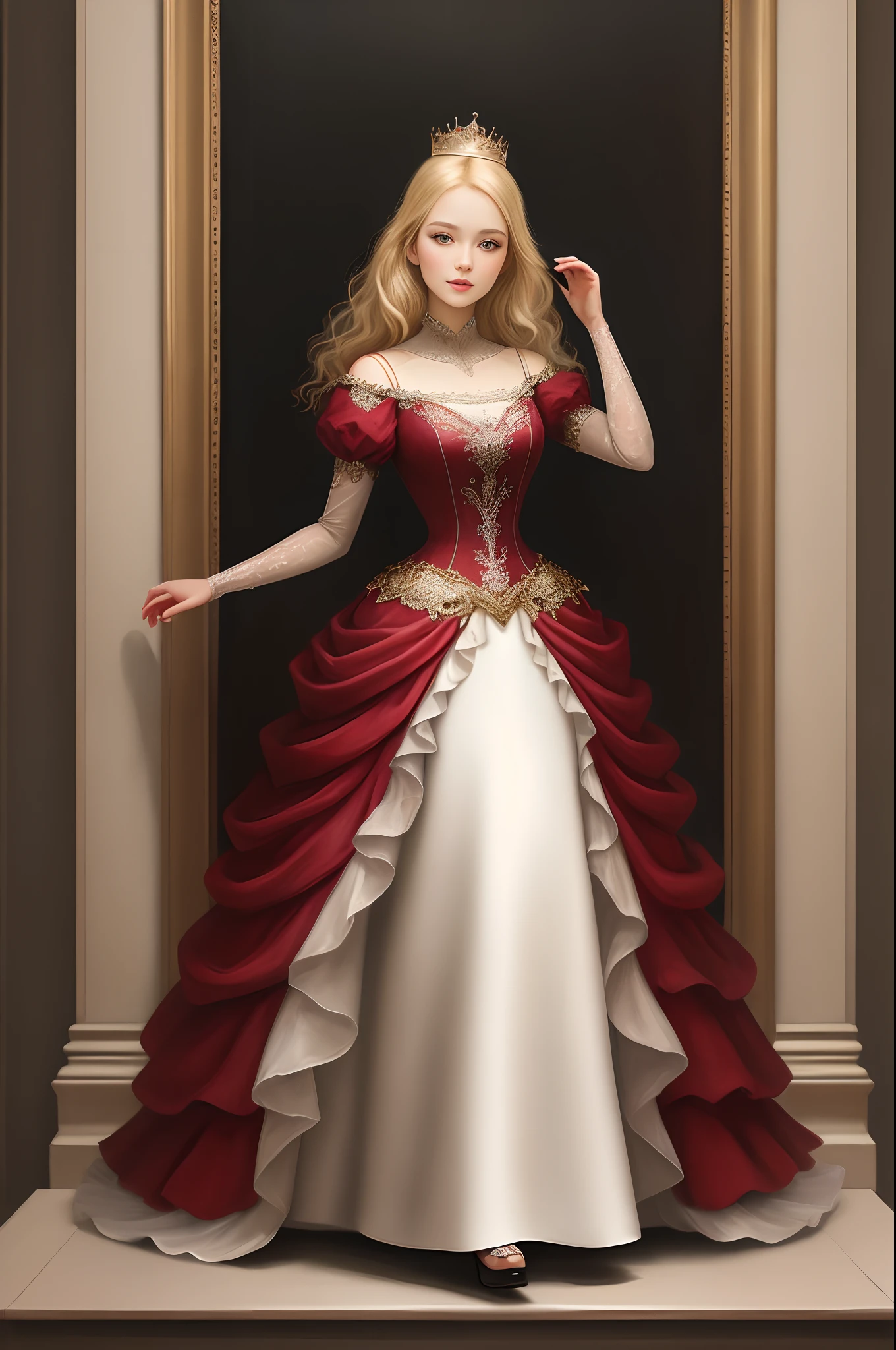 Full body photo, oil painting, charming woman, blonde hair, graceful figure, flower-embellished princess dress