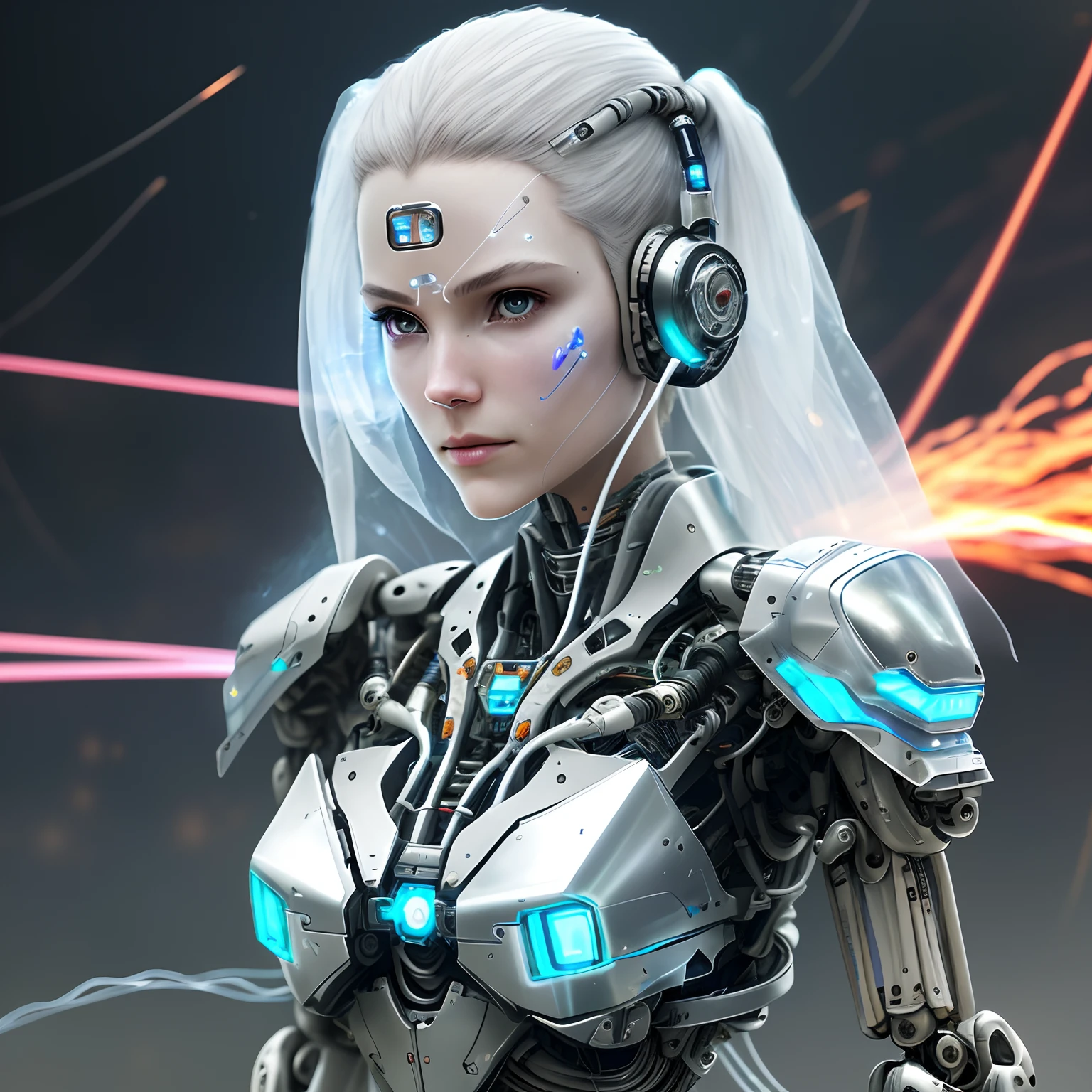 complex 3d render ultra detailed beautiful porcelain profile face of android woman, cyborg, robotic parts, 150mm, beautiful studio soft light, edge light, bright details, luxurious cyberpunk, lace, hyper-realistic, anatomical, facial muscles, cable, electrical wires, microchip, elegant, beautiful background, octane rendering, HR Giger style, 8k, best quality, masterpiece, illustration, extremely delicate and beautiful, extremely detailed, cg, unity, wallpaper, (realistic, photorealistic: 1.37), stunning, finely detailed , masterpiece, best quality, official art, extremely detailed CG unity 8k wallpaper, absurd, incredibly absurd, robot, silver helmet, full body, sitting
