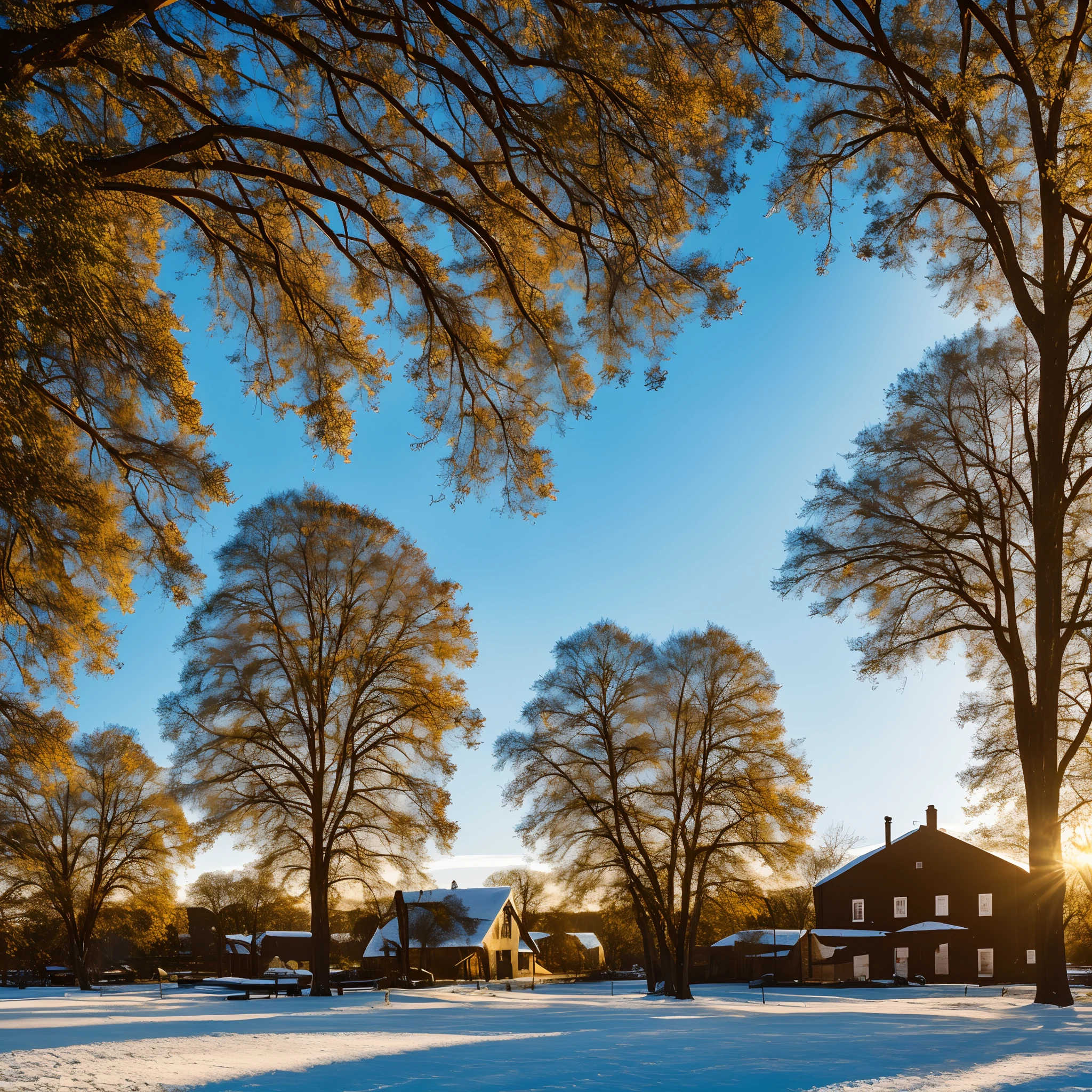 hyperrealistic image, a country town, with trees, winter afternoon