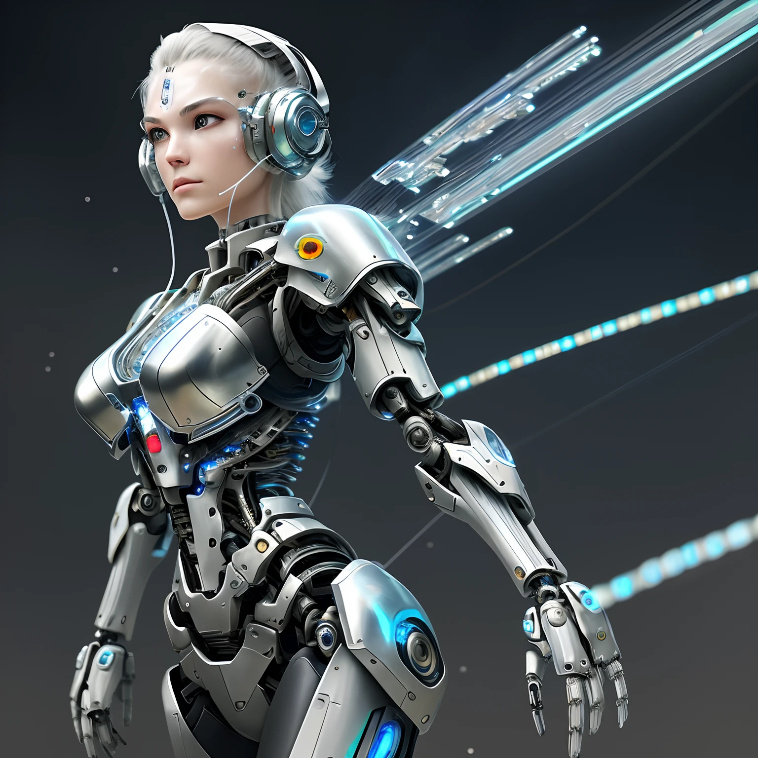 (official art, beautiful and aesthetic), (1girl:1.3), science fiction, (masterpiece, best quality, ultra detailed), complex 3d render ultra detailed of a beautiful porcelain profile woman, (white and silver cybernetic implants), (fractal art:1.1),(colored electronic cables and chips:1.3), (full of optical fiber cables that are wired in the implanted parts in the body covered translucent metallic skin:1.5),
manga influence, gun, mecha girl, full armor, ((mechanical limbs)), expressionless, biomechanical, (tired and sleepy face:0.1), dark and rainy post-apocalyptic battleground:1.3,  (fire and flying ashes around background:1.2), cyberpunk, dynamic pose in a battleground:1.3, cowboy shot, headset with mic,
big breasts, ultra realistic:1.4