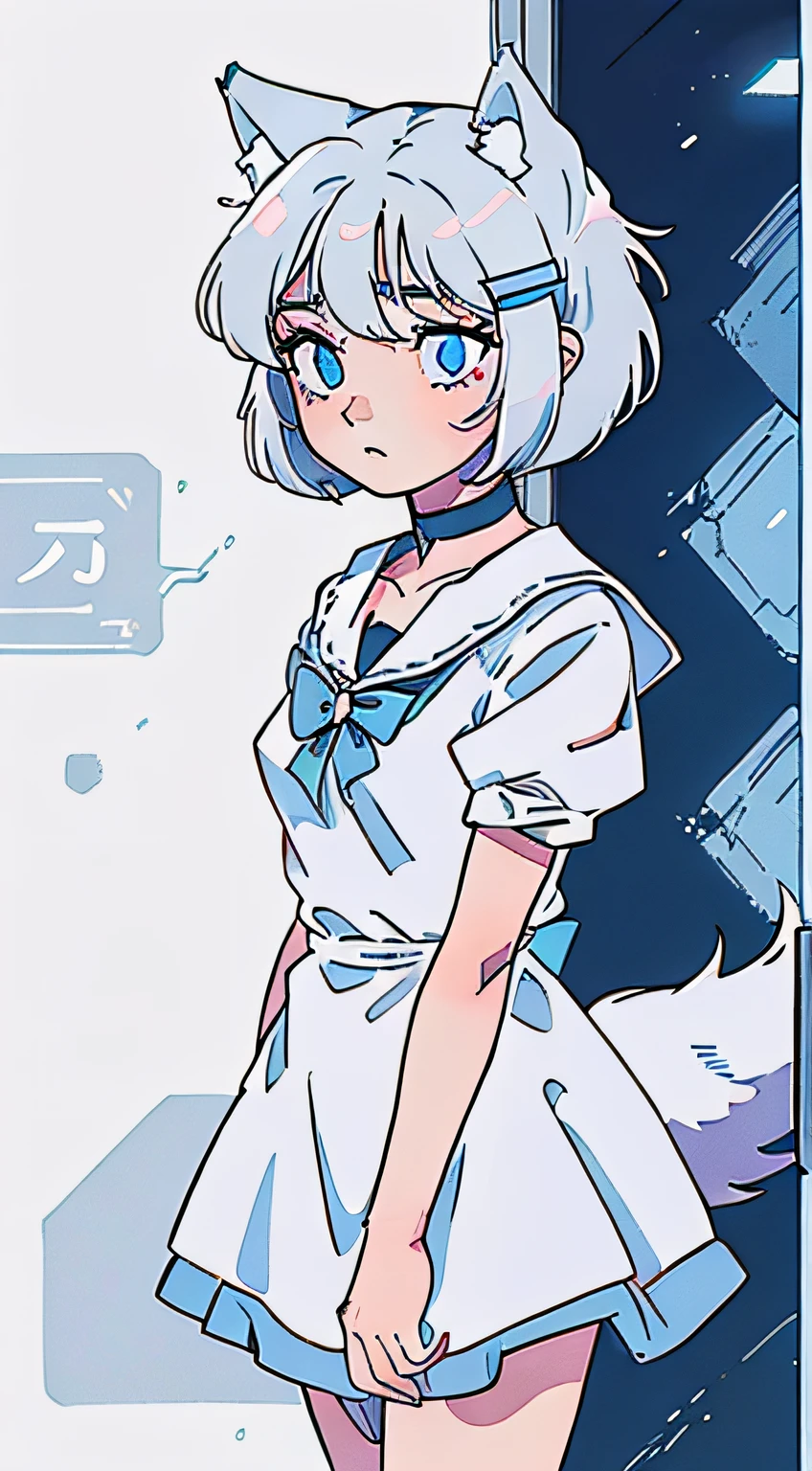 wolf girl, ((wolf tail, wolf ears)), hair tap ears human, (hair clip), ((((short hair)))), long eyeslashes, eyeliner, small breasts, choker, collar, blond haired girl with blue eyes and a silver white hair wig, in manga style, full body, old dress, colored sketch anime manga panel, loli, with a melancholic expression, a manga drawing, sad expression, pretty anime face, semirealistic anime style, cute anime face, colored manga panel, manga art style, in an anime style, close up of a young anime girl, manga drawing.