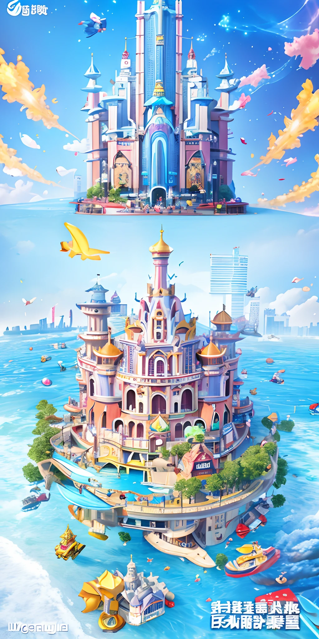 Close-up of cartoon pictures of a city with a lot of buildings, trending on cgstation, Game CG, mall background, front cover of a new video game, mobile game, Official artwork, game promotional poster, toy commercial, promotional render, Underwater market, Chiba Yuda, Commercial illustration,