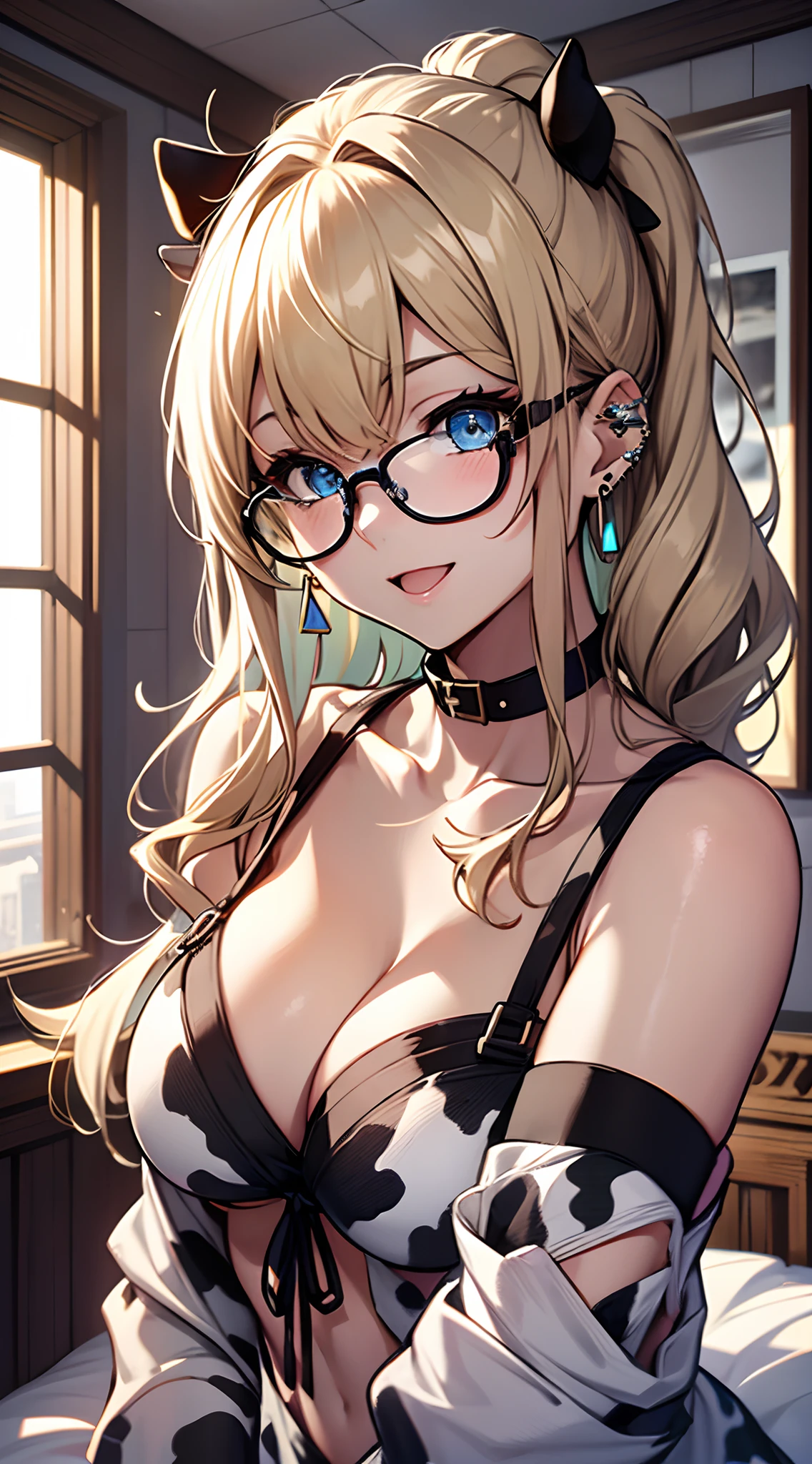 top-quality、Top image quality、masterpiece、girl with((18year old、Cow girl:1.6、Bust 90、a blond、disheveled ponytail、Blue eyes、open chest wide、Happiness、Black wristband on wrist、Ear-piercing))、((Fashionable glasses))、A slender、hiquality、(Piece It Piece)、visualart、Background with((a bed))、masutepiece