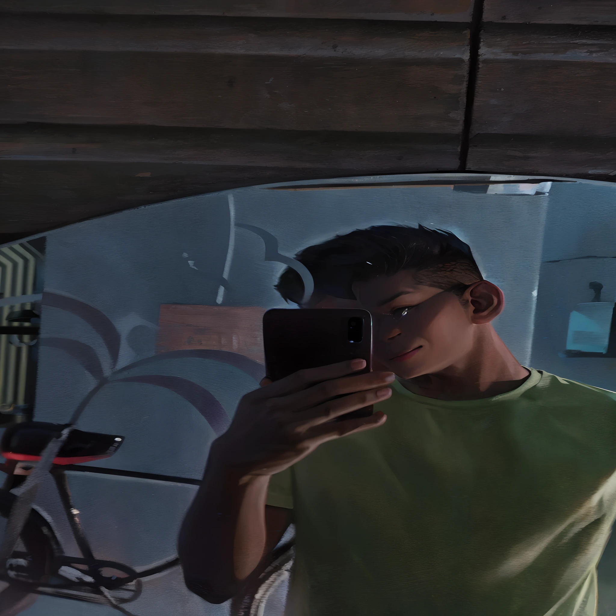 A very handsome age taking mirror selfieand inadvertently saw me, bust photo, smiling and looking at me. High nose, yellow race, relatively white skin, black hair, medium hair. The background is a wall with various graffiti on it. He wears simple short sleeves and holds a cute dog. Highest quality.