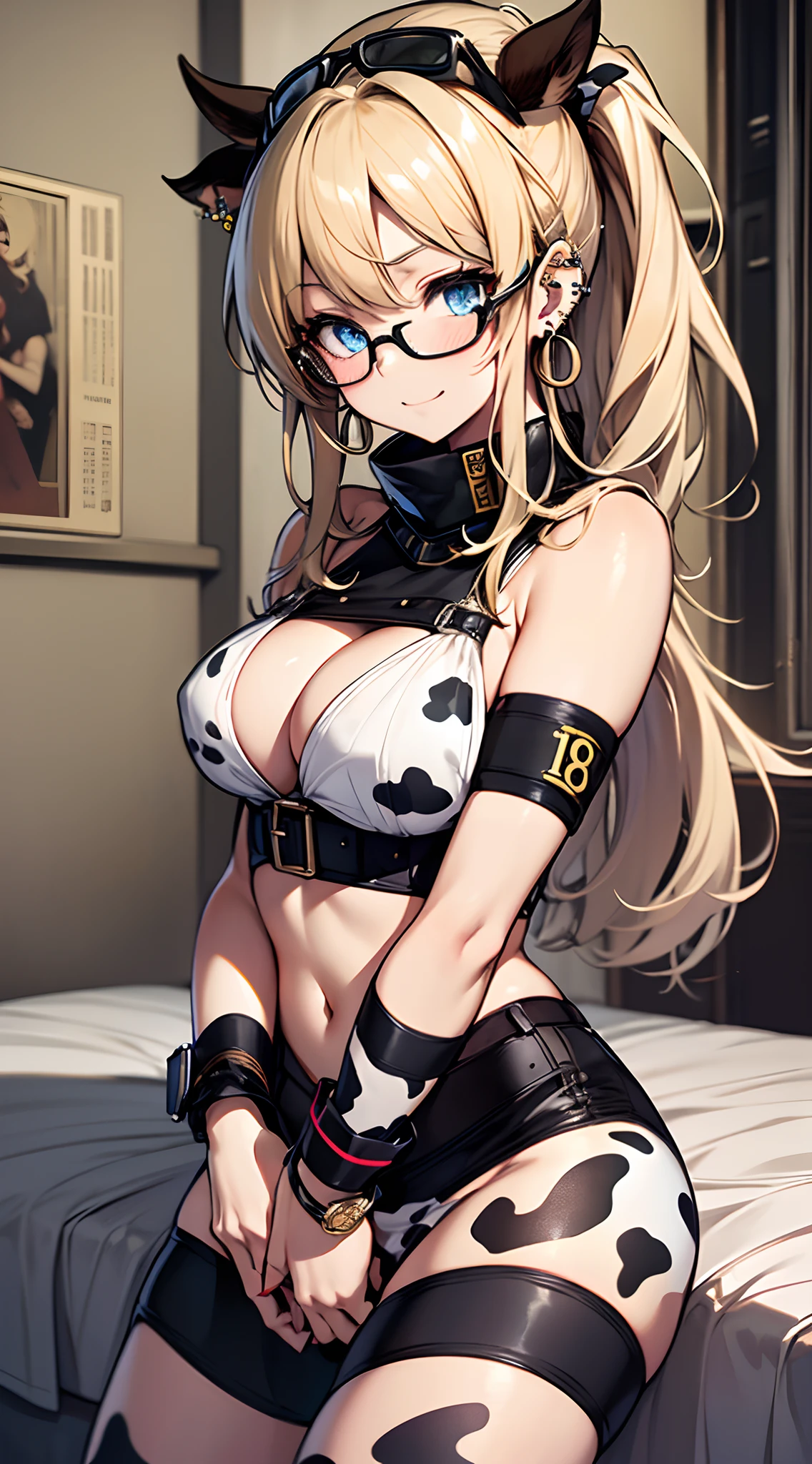 top-quality、Top image quality、​masterpiece、girl with((18year old、Cow girl:1.6、Bust 90、a blond、disheveled ponytail、Blue eyes、open chest wide、Happiness、Black wristband on wrist、Ear-piercing))、((Fashionable glasses))、A slender、hiquality、(Piece It Piece)、visualart、Background with((a bed))、masutepiece