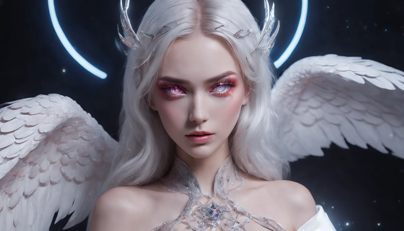 Cosmic Fallen Angel, glowing light eyes, Delicate and beautiful face,Bigchest,Biomechanical, eerie, Dream-like, Very bright colors, Light particles, with light glowing, Mshiv, wallpaper art, UHD wallpaper