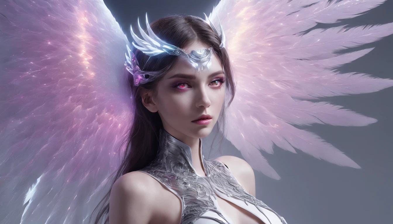 Cosmic Fallen Angel, glowing light eyes, Delicate and beautiful face,Bigchest,Biomechanical, eerie, Dream-like, Very bright colors, Light particles, with light glowing, Mshiv, wallpaper art, UHD wallpaper