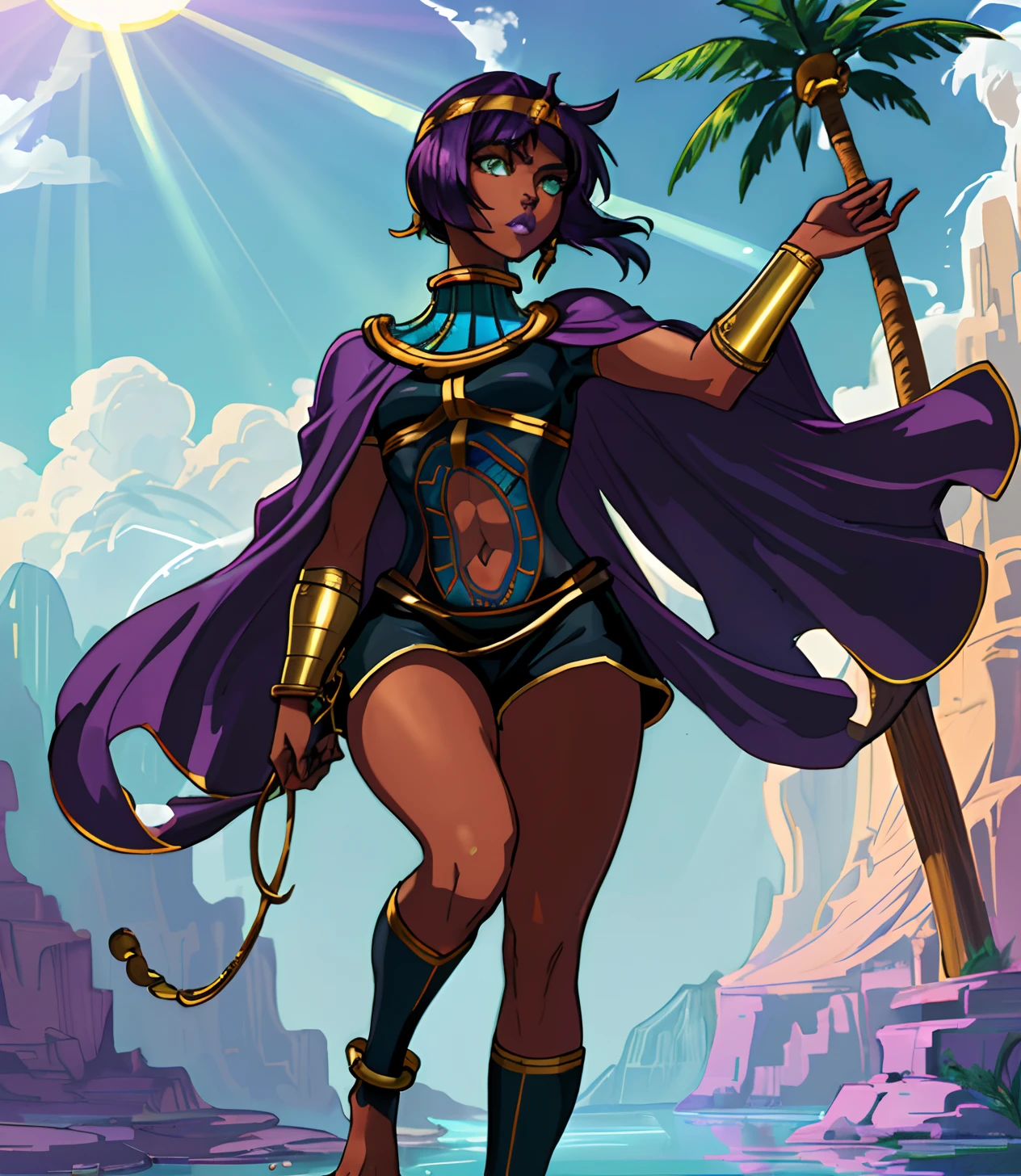 [Menat], ((Masterpiece)), ((High quality art)), ((High definition)), ((solo portrait)), ((anime)), ((beautiful render art)), ((detailed shading)), ((intricate details)), {(Beautiful woman), (dark skin), (cute green eyes), short purple hair, surprised, (mouth open), (purple lipstick) (beautiful feet), (slightly muscular legs)}, {(black bodysuit), (shorts), (navel cutout), (purple shawl), (black knee high socks), (toeless socks), (gold headband), (gold bracers), (gold anklets)}, {(standing), (on knee up)}, [Background; (desert oasis), (beautiful water), (palms trees), (blue sky), (sun rays)}