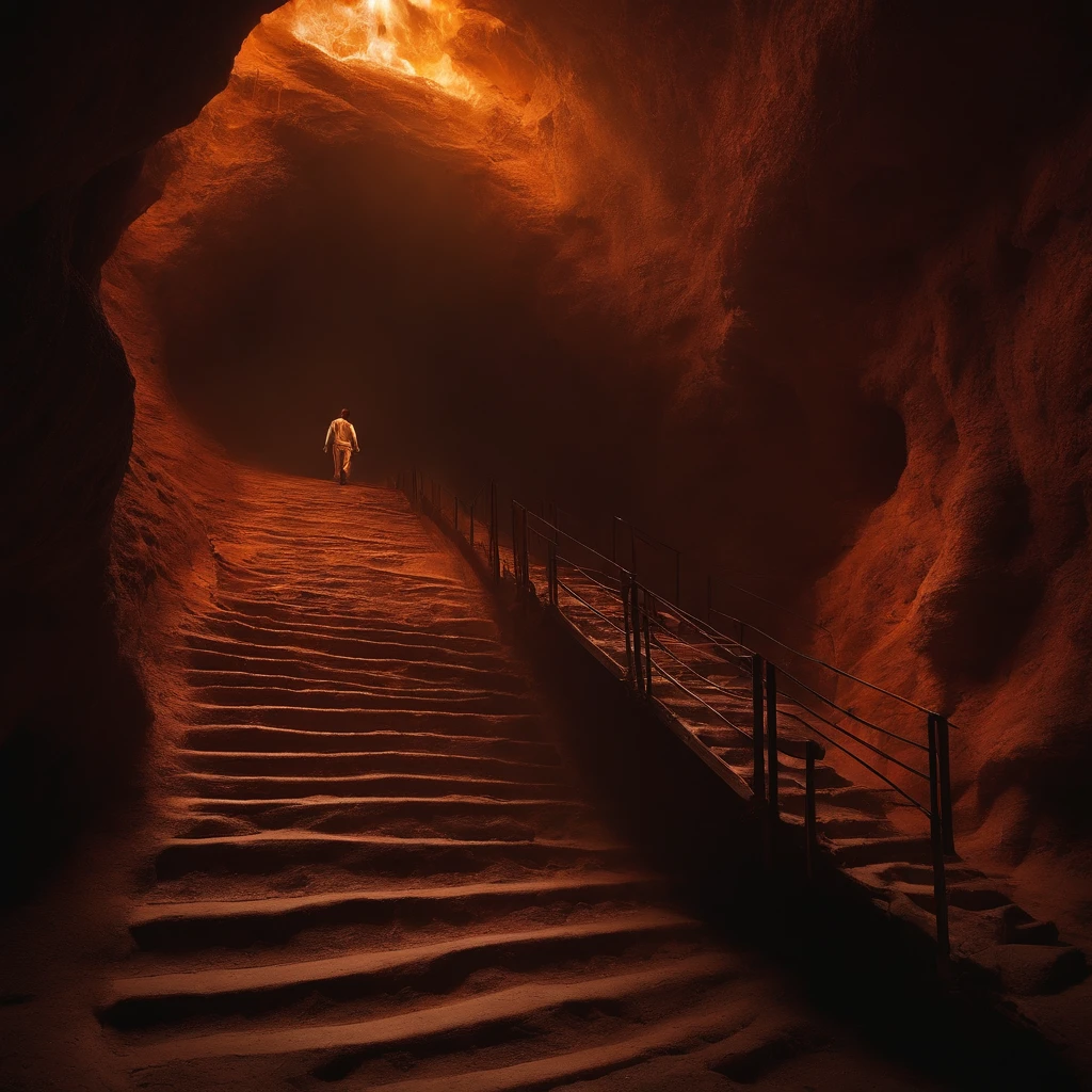 A man walks up the stairs in a cave, stairs from hell to heaven, Hellscape, Travel through hell, portal to hell, Out of the flames, portal to hell, stairway to heaven, portal to hell, Surreal hell, portal to hell, Stand in hell, iintricate、Epic composition, amazingly epic visuals, Hell background，skelleton，The skeletons fall apart on the road