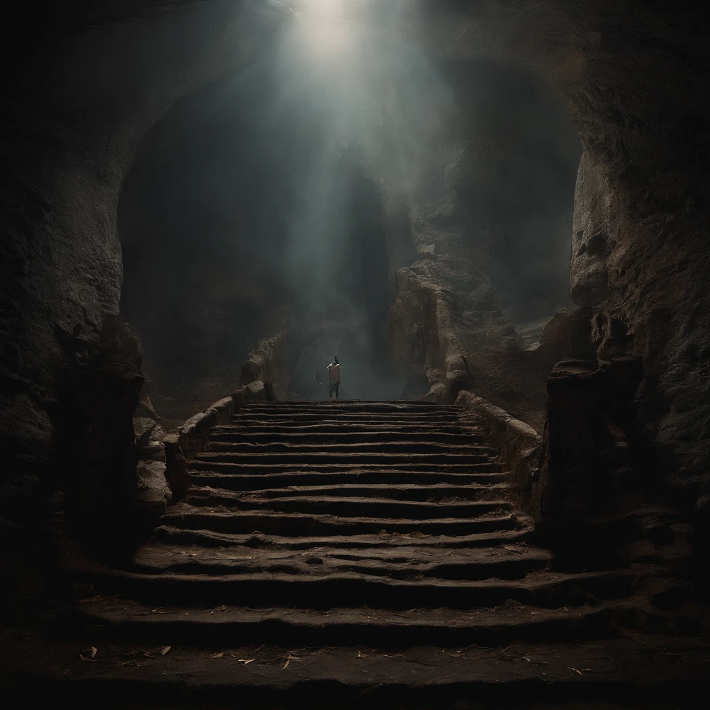 A man walks up the stairs in a cave, stairs from hell to heaven, Hellscape, Travel through hell, portal to hell, Out of the flames, portal to hell, stairway to heaven, portal to hell, Surreal hell, portal to hell, Stand in hell, iintricate、Epic composition, amazingly epic visuals, Hell background，skelleton，The skeletons fall apart on the road