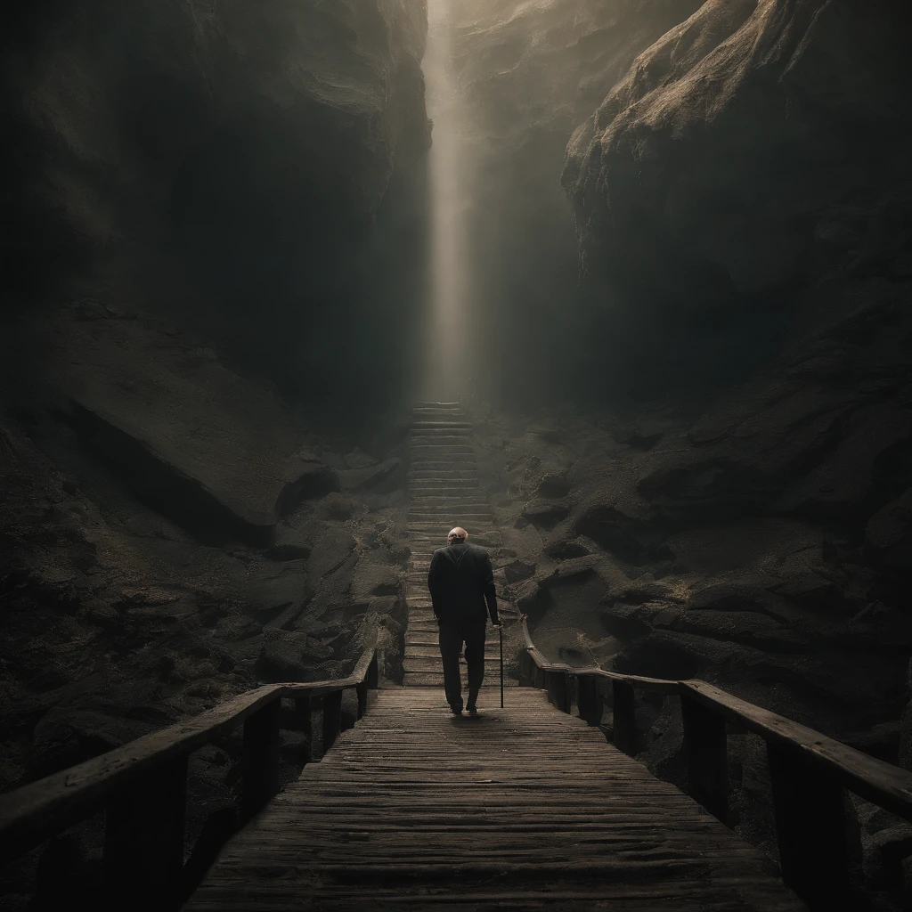 A man walks up the stairs in a cave, stairs from hell to heaven, Hellscape, Travel through hell, portal to hell, Out of the flames, portal to hell, stairway to heaven, portal to hell, Surreal hell, portal to hell, Stand in hell, iintricate、Epic composition, amazingly epic visuals, Hell background，skelleton，The skeletons fall apart on the road