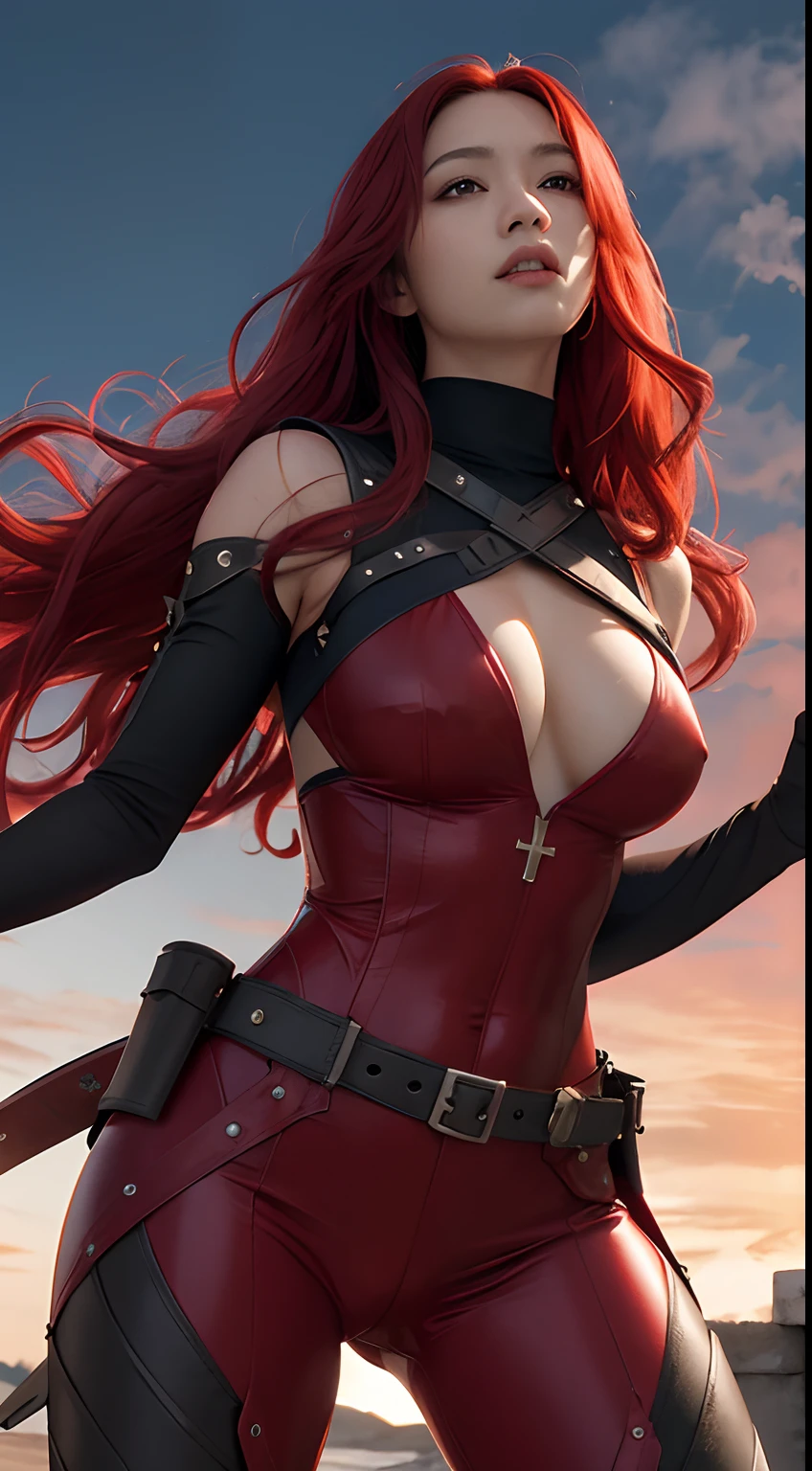 a cool,20th generation female,long red wavy hair,Red Eyes,sharp eye,glares,Red leather,body suit,gloves,Covers the whole body,Mystical decoration,cross belt,up chest,realistic illustration,loimu,of the Great Flame,Cover the sky,Expressed throughout the body,look up sky,Reach for the sky,(Effect Effects),Fantasia,Huge Japan sword in hand,battle field,A warrior,swordsmen,Beautuful Women,Deities々Right