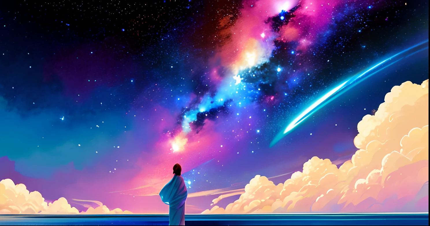 a close up of a person standing in a space with a spiral, swirling water cosmos, dreamy psychedelic anime, birth of the universe, water is made of stardust, anime art nouveau cosmic display, vast cosmos, endless cosmos in the background, swirling scene, floating in the cosmos nebula, creation of the universe, mana flowing around it, in the cosmos