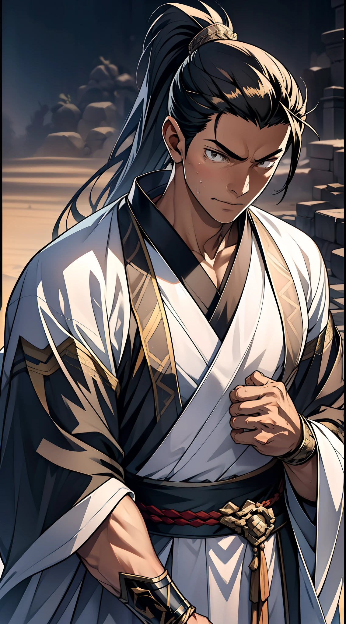 quadratic element，style of anime，mtu（Male Warrior），The proportions are correct，Face details，swordsmen，High ponytail hairstyle，Neck details，There is an Adam's apple，Black Hanfu，kaftan，Embroidered robes，Black robe，clothes details，Handing over，longer sleeves，Game quality，Swordsmanship，Light and shadow tracking，Ray traching，detailed glow，cg render，hair detail，cabelos preto e longos，Black eyes，Handsome，Handsome，（juvenile sense），Clothing is complicated，Perfectcomposition，Refinement，high qulity，higher details，Lots of details，The background is complex，a sense of atmosphere，