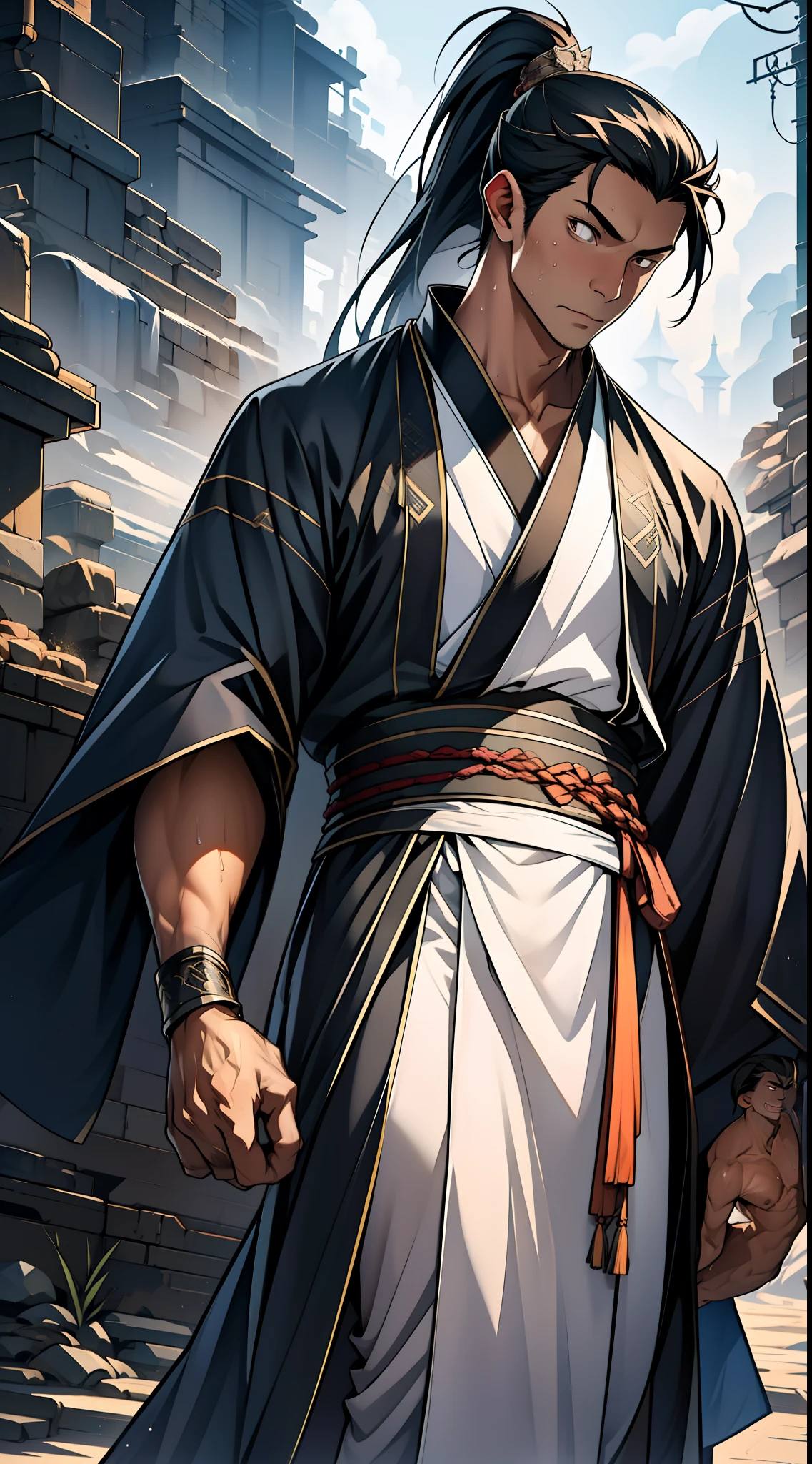 quadratic element，style of anime，mtu（Male Warrior），The proportions are correct，Face details，swordsmen，High ponytail hairstyle，Neck details，There is an Adam's apple，Black Hanfu，kaftan，Embroidered robes，Black robe，clothes details，Handing over，longer sleeves，Game quality，Swordsmanship，Light and shadow tracking，Ray traching，detailed glow，cg render，hair detail，cabelos preto e longos，Black eyes，Handsome，Handsome，（juvenile sense），Clothing is complicated，Perfectcomposition，Refinement，high qulity，higher details，Lots of details，The background is complex，a sense of atmosphere，
