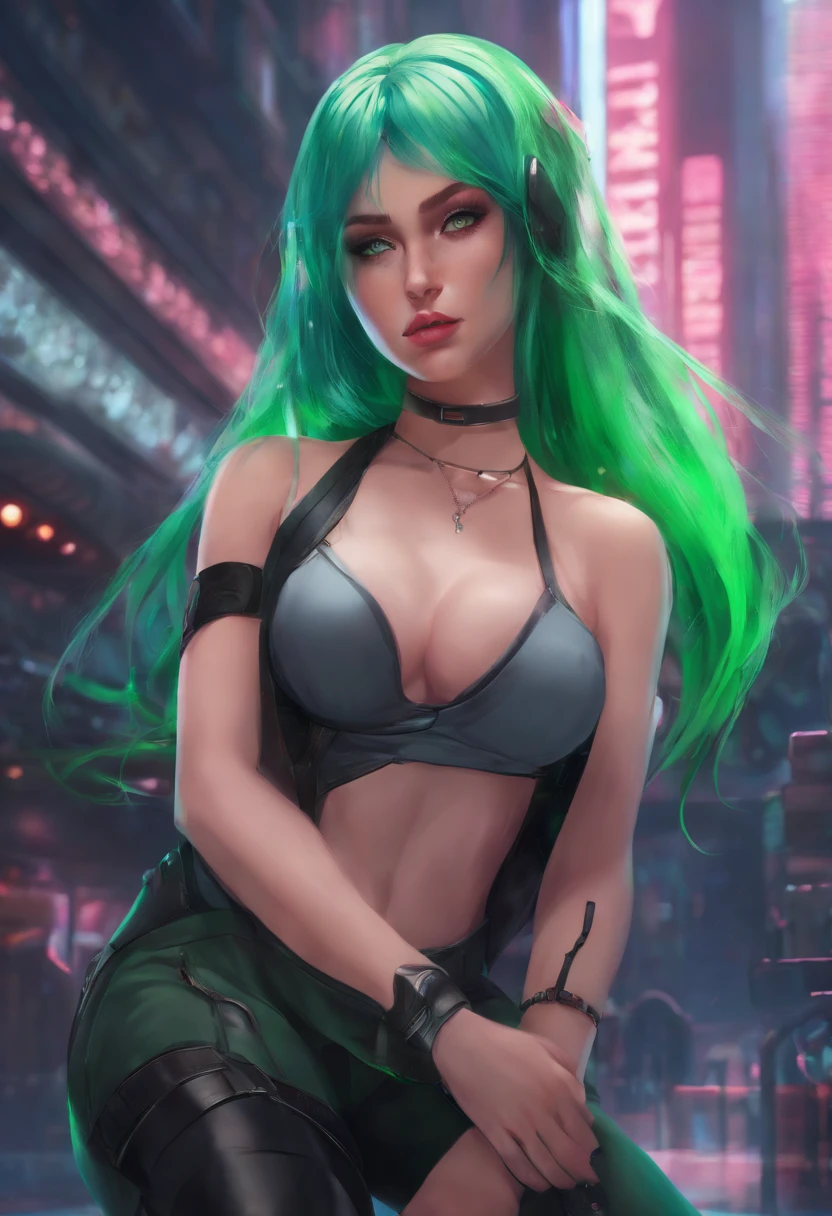 woman, Realistic character, Green hair，Pink hair, Blue eyes, anime big breast, Alone, modern, Cyberpunk