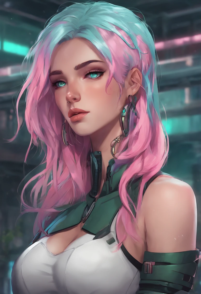 woman, Realistic character, Green hair,Pink hair, Blue eyes, anime big breast, Alone, modern, Cyberpunk