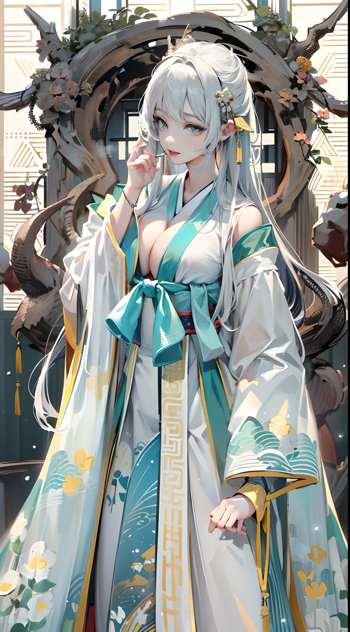 Little devil，Dragon's horn，deer antlers，Stick out your tongue，Realistic effect，Female pervert，White-haired girl，Messy hair，Ancient wind，cyan colors，cyan colors，Cyan Hanfu(Delicate and mysterious antique patterns)，high-heels，The expression after the climax，winning artwork，Silhouette effect，Epic composition，Stand in front of a window with falling snow(Ancient wind)，(Antique background)Need，8K，The human body light and shadow effect is three-dimensional，Delicate face，（in the darkness nigth：1.6），Fantasyart，photographrealistic，动态照明，art  stations，poster for，Volumetriclighting，Very detailed faces，4 k''，Award-Awarded, low tune, Cowboy shot, (Hanfu:1.4), long whitr hair,(Super huge)))，(((Super huge breasts)))，(cleavage)，(Lift your clothes)，((Cover your breasts))，((Bare-chest))，((tit))，(((areola of breast)))，(nabel)，(No shoulder strap)，cropped shoulders，Bandeau，revealing her belly