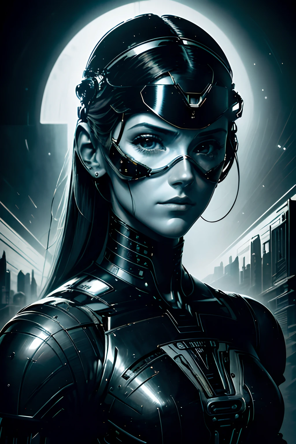 face feminina, female, A rugged young engineer with cybernetic enhancements,  intrincado, elegante, altamente detalhado, pintura digital, art-station, arte conceitual, liso, foco nítido, illustration, Arte de H R Giger e Greg Rutkowski e Alphonse Mucha, beautiful dramatic lighting