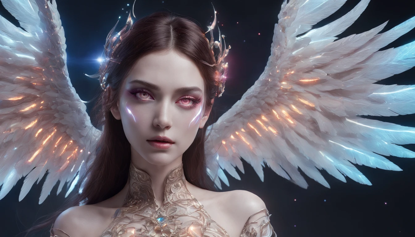 Cosmic Fallen Angel, glowing light eyes, Delicate and beautiful face，Bigchest，Biomechanical, eerie, Dream-like, Very bright colors, Light particles, with light glowing, Mshiv, wallpaper art, UHD wallpaper