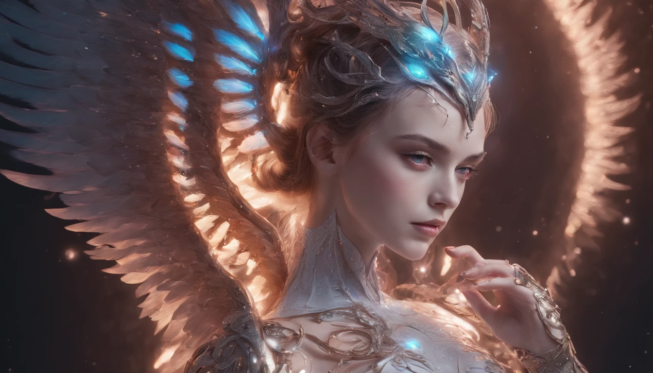 Cosmic Fallen Angel, glowing light eyes, Delicate and beautiful face，Bigchest，Biomechanical, eerie, Dream-like, Very bright colors, Light particles, with light glowing, Lucifer, wallpaper art, UHD wallpaper