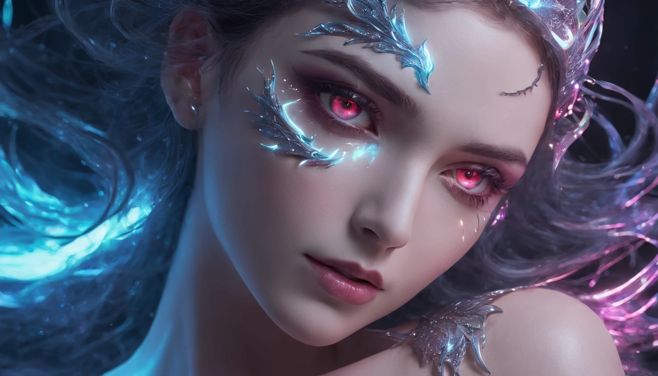 Cosmic Fallen Angel, glowing light eyes, Delicate and beautiful face，Bigchest，Biomechanical, eerie, Dream-like, Very bright colors, Light particles, with light glowing, Mshiv, wallpaper art, UHD wallpaper