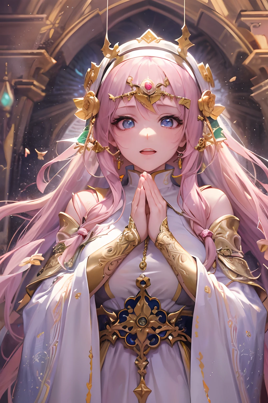 (masterpiece, top quality, best quality, official art, beautiful and aesthetic:1.2), (1girl:1.3), (fractal art:1.3), long pink hair, gold eyes, holding a healing staff, temple background background, facial calm enthusiastic, priestess, healer, fantasy, perfect eyes, ultra detailed eyes, extremely detailed artgerm, 8k high quality detailed art, infinite celestial library, anime goddess, anime fantasy illustration, detailed anime art, epic light novel art cover, trending on artstation pixiv, praying to goddess, full maiden garment, virgin, elegant robe,best quality，masterpiece，Ultimate resolution，Extremely colorful，Colorful，saintess，a mature female，Crop topping，Nun dress，The  is exposed，cathedrals，Sanctuary，Normal posture