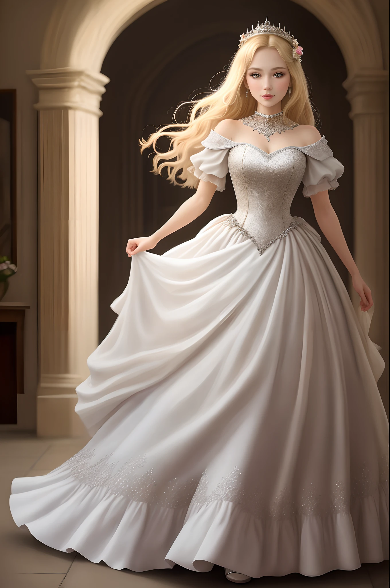 (close up )hyperrealistic art cinematic film still lower angle photography in the style of detailed hyperrealism photoshoot . (beautiful wedding dress walking towards down aisle) Extremely high-resolution details, photographic, realism pushed to extreme, fine texture, incredibly, very tall blonde woman in cathedral
