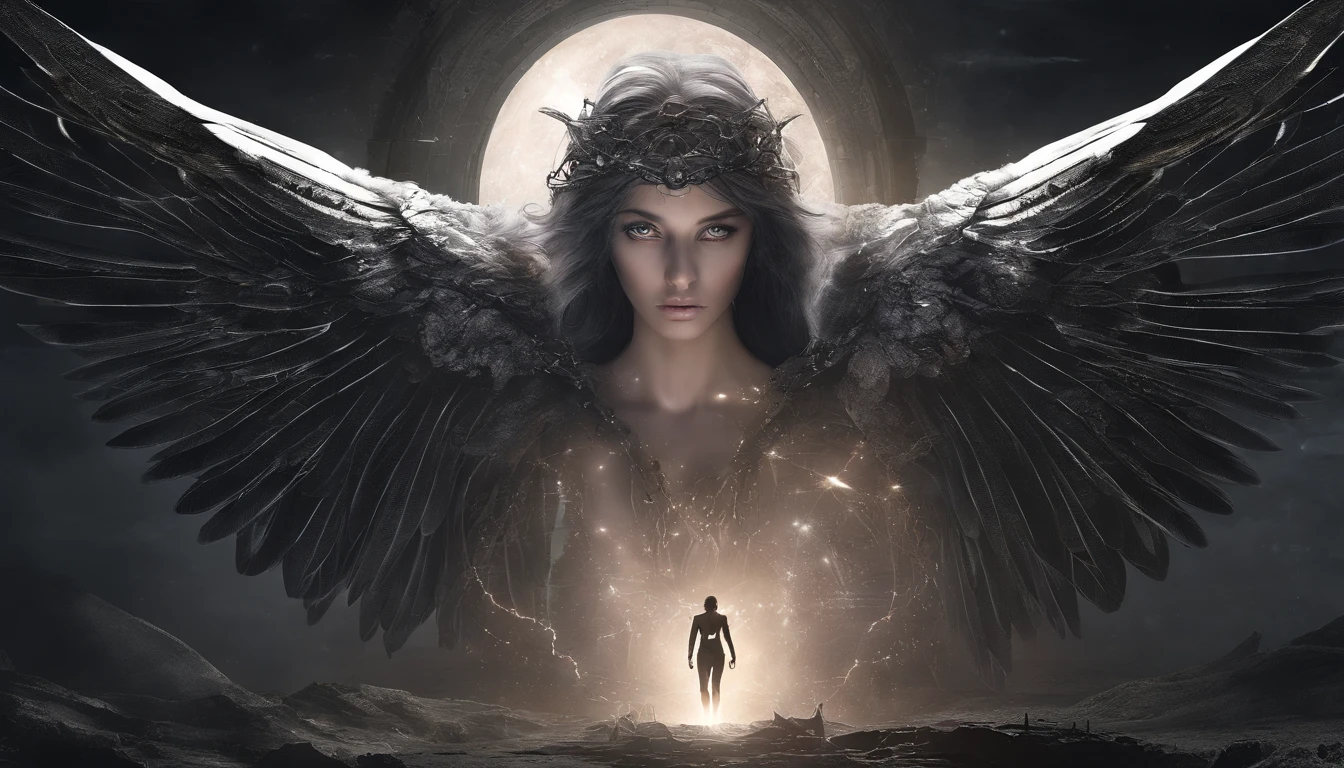 Cosmic Fallen Angel, glowing light eyes, Delicate and beautiful face,Bigchest,Biomechanical, eerie, Dream-like, Very bright colors, Light particles, with light glowing, Mshiv, wallpaper art, UHD wallpaper