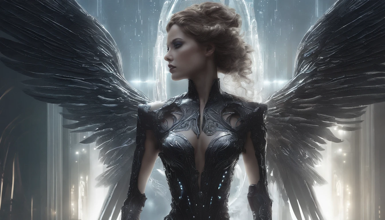 Cosmic Fallen Angel, glowing light eyes, Delicate and beautiful face,Bigchest,Biomechanical, eerie, Dream-like, Very bright colors, Light particles, with light glowing, Mshiv, wallpaper art, UHD wallpaper