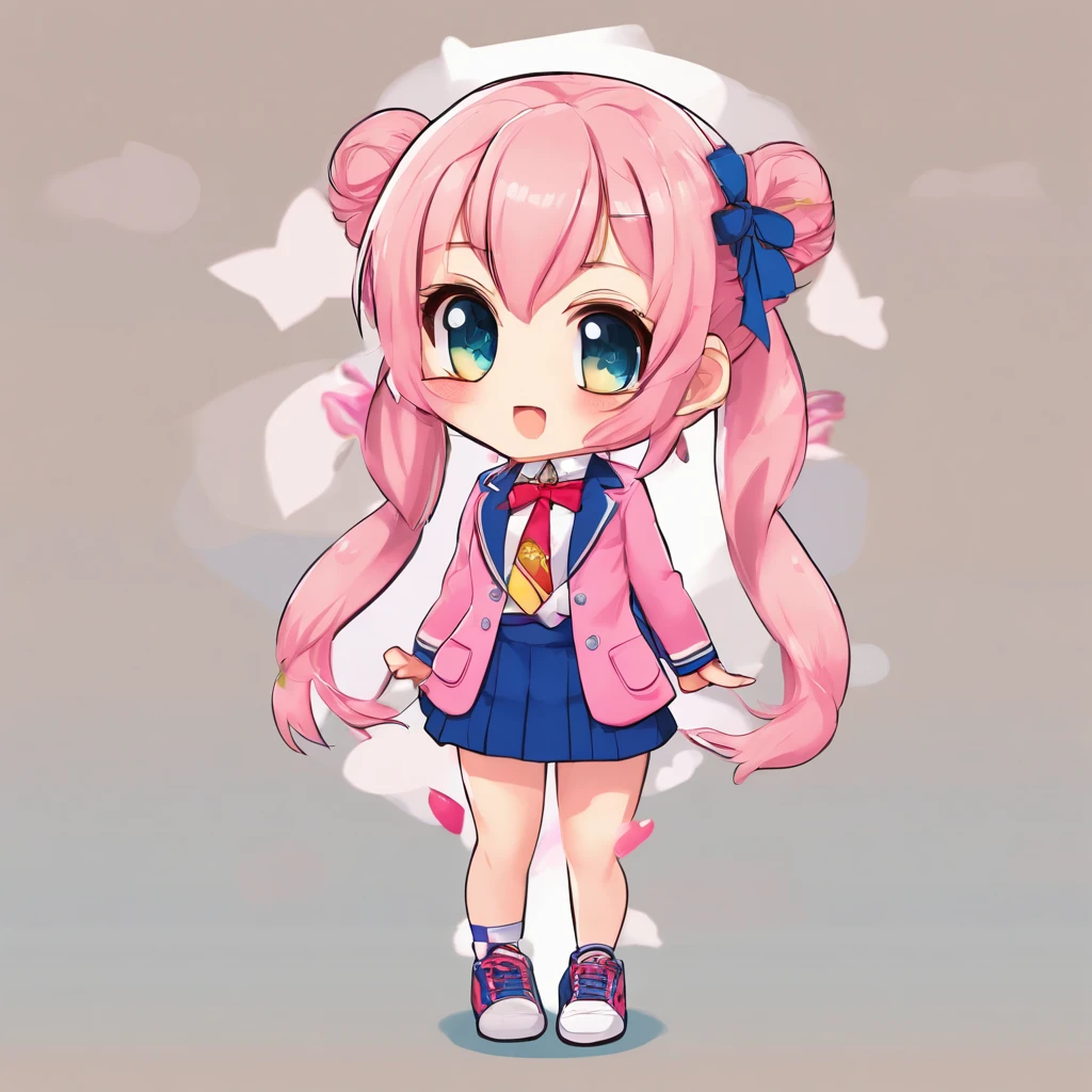 Very cute (Beautiful Chibi Anime Girl), Solo, Simple background, Beautiful twin tails 、 Pretty girl、Cute Chibi、 Dark blue blazer, Pink skirt、High School Uniform, Full body , is standing、gazing at viewer、Highly detailed face and eyes, The contours are clear angry face、