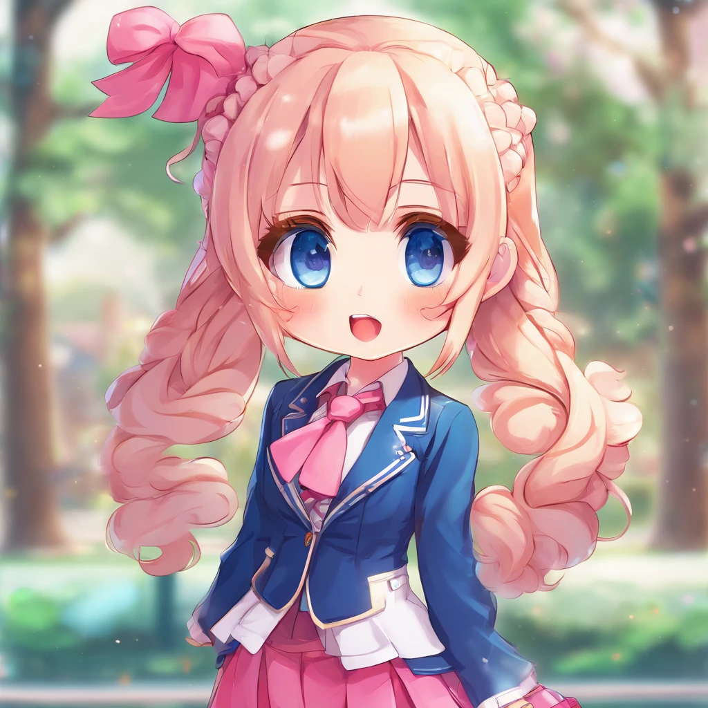 Very cute (Beautiful Chibi Anime Girl), Solo, Simple background, Beautiful twin tails 、 Pretty girl、Cute Chibi、 Dark blue blazer, Pink skirt、High School Uniform, Full body , is standing、gazing at viewer、Highly detailed face and eyes, The contours are clear angry face、