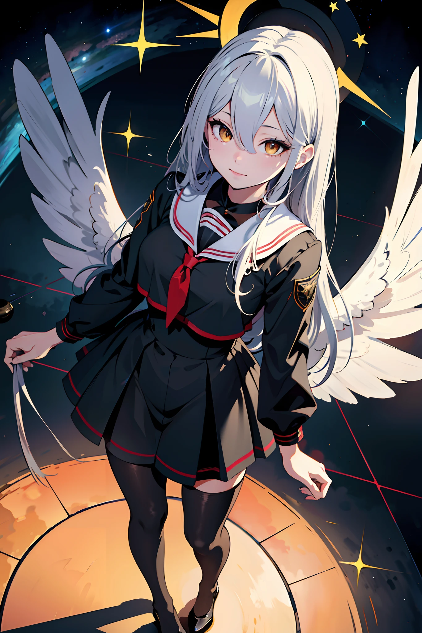 absurd res, high res, (masterpiece:1.4), ultra-detailed, 1girl, (from above), space, floating, black sailor dress, black dress, black stockings, white hair, yellow eyes, Yandere face, yandere smirk, wings, hair between eyes, standing