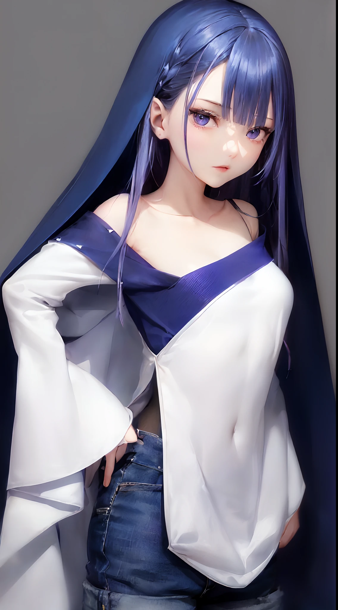 (((Blue-violet hair、Cowboy Shot、Upper body、 upper body closeup、Portrait、looking in camera)))、[monochromes:Subdued Color:2.6] theme, (masutepiece), (Best Quality), , Light Layer, Lustrous skin, (intricate-detail , taut clothes, ),  purple head, hime-cut, Deco、Forehead、Blue eyes、 30s、(maturefemale)、((length hair、Sewn、Manteau、shortpants、Beautiful breasts))、symmetry、Thick lip、Lustrous lips、Tall lady、Standing Pose、white backgrounid、simple background、Single-color background、femele１a person、