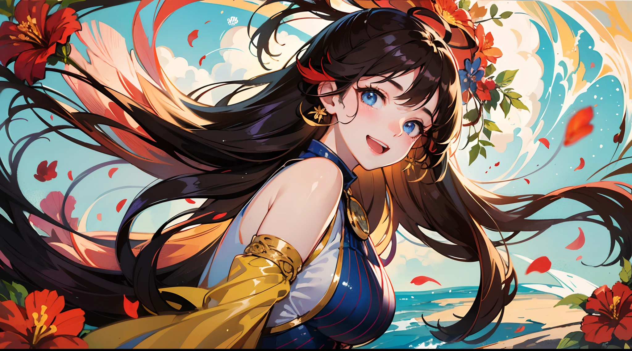 photoRealstic、Stand in front of the photo、laugh face、Water droplets on the cheeks、kawaii pose、spreading arms widely、Flowing Red Silk、bustup、Hibiscus petals、Blurring、brown haired、blue-sky、depth of fields、season!!: 夏☀ 🍂 ハイビスカス