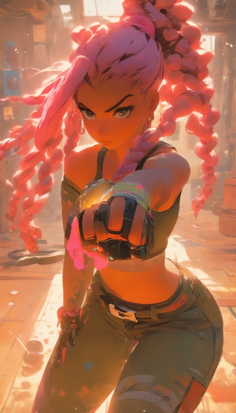 Ultra-detailed portrait of ShoalBeat's 1girl in leggings, a sports bra, an off-shoulder jacket, braids and a hairband, in the gym with a cowboy shot pose, pink hair, symbol-shaped eyes, sweat and wet skin, with a water bottle, by Makoto Shinkai, Katsuhiro Otomo, Thomas Kinkade, Greg Rutkowski, Mike Mignola and Ismail Inceoglu.