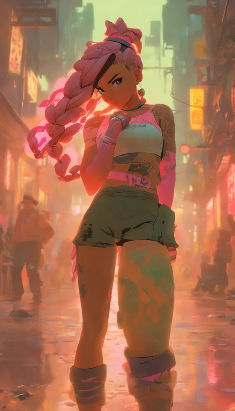 Ultra-detailed portrait of ShoalBeat's 1girl in leggings, a sports bra, an off-shoulder jacket, braids and a hairband, in the gym with a cowboy shot pose, pink hair, symbol-shaped eyes, sweat and wet skin, with a water bottle, by Makoto Shinkai, Katsuhiro Otomo, Thomas Kinkade, Greg Rutkowski, Mike Mignola and Ismail Inceoglu.