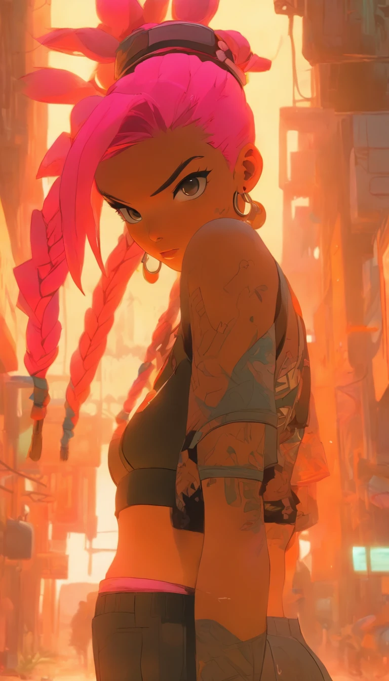Ultra-detailed portrait of ShoalBeat's 1girl in leggings, a sports bra, an off-shoulder jacket, braids and a hairband, in the gym with a cowboy shot pose, pink hair, symbol-shaped eyes, sweat and wet skin, with a water bottle, by Makoto Shinkai, Katsuhiro Otomo, Thomas Kinkade, Greg Rutkowski, Mike Mignola and Ismail Inceoglu.