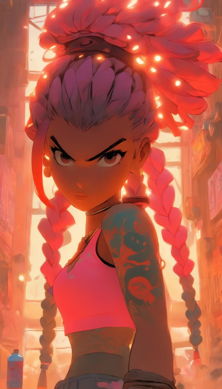Ultra-detailed portrait of ShoalBeat's 1girl in leggings, a sports bra, an off-shoulder jacket, braids and a hairband, in the gym with a cowboy shot pose, pink hair, symbol-shaped eyes, sweat and wet skin, with a water bottle, by Makoto Shinkai, Katsuhiro Otomo, Thomas Kinkade, Greg Rutkowski, Mike Mignola and Ismail Inceoglu.